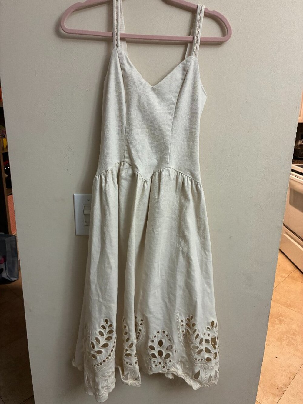 Moon River Cream Eyelet Scalloped Hem Midi Dress XS Cottagecore